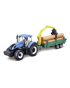 New Holland T7.315 z przyczepą leśną i żurawiem
