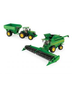 Zestaw John Deere S780, John Deere 7240R oraz przyczepa do zbioru zboża